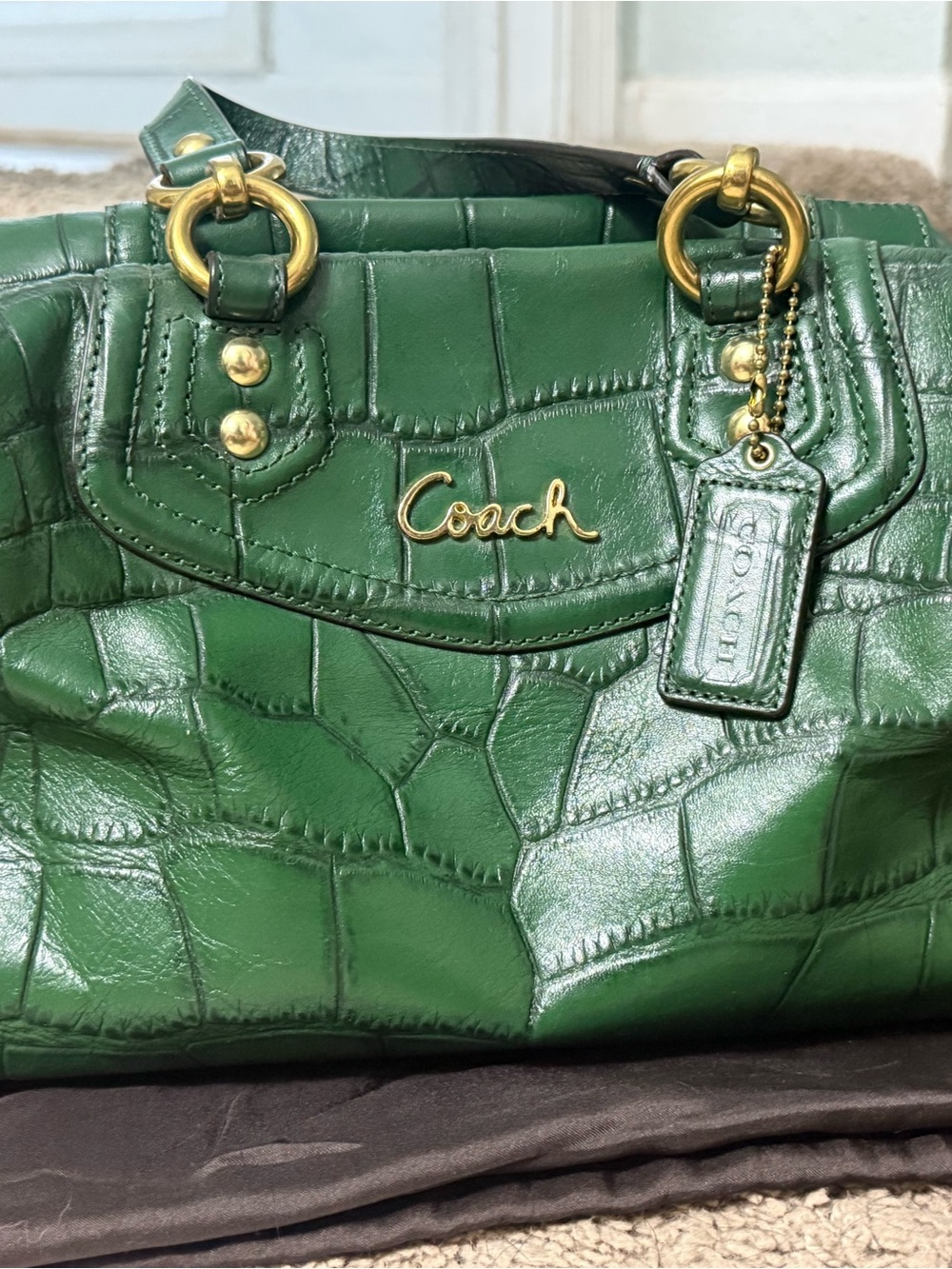 Coach Green Embossed Croc Leather Shoulder Bag with Gold Hardware